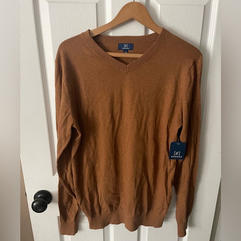🆕 George Men's V-Neck Longsleeve Sweater - Size Small (34-36) fall brown
